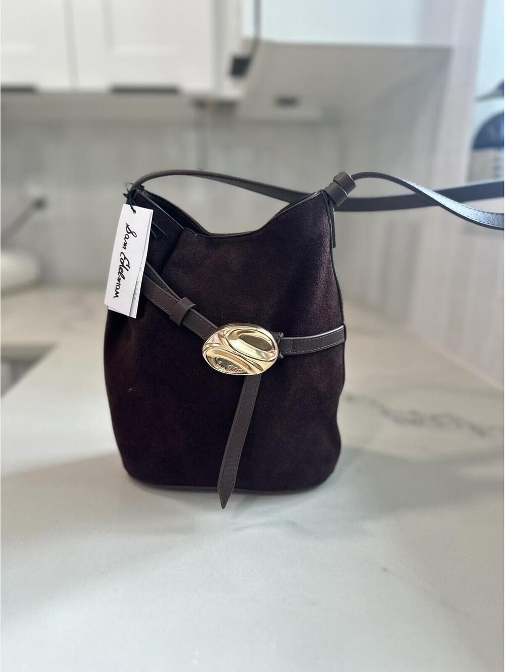 NWT Sam Edelman Cowhide Leather Belted Crossbody Adjustable Bucket Bag Handbag